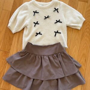 New Elegant Cream Sweater and Brown Layered Skirt Set